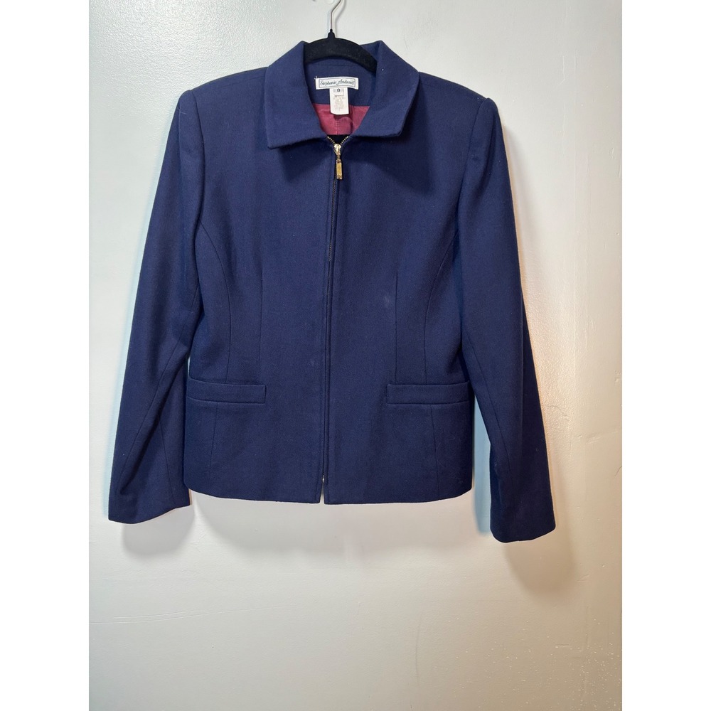 Stephanie Andrews Vintage Womens Navy Blue 100% Wool Full Zip Jacket Size 8